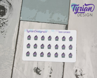 Cupcake Stickers | Tiny purple cupcake stickers on a mini sheet | 21 stickers | .34 x .42" each | Cake icon sticker | White or Clear Matte