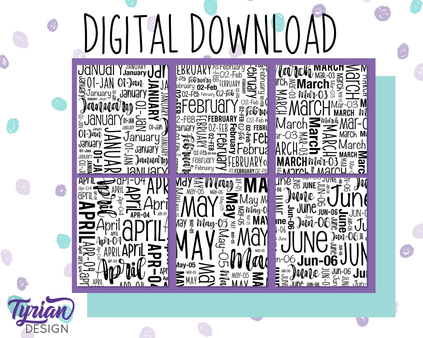 Digital Paper | All 12 Months Word cloud Pattern | Printable letter size | Black and white files included
