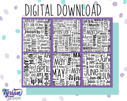 Digital Paper | All 12 Months Word cloud Pattern | Printable letter size | Black and white files included