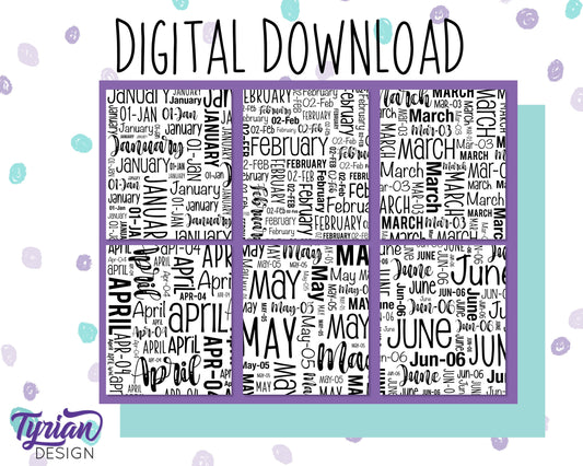 Digital Paper | All 12 Months Word cloud Pattern | Printable letter size | Black and white files included