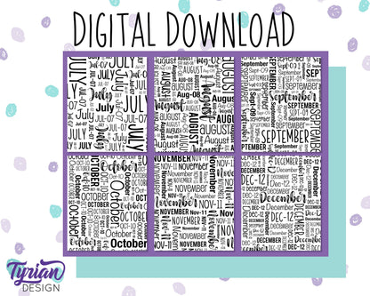 Digital Paper | All 12 Months Word cloud Pattern | Printable letter size | Black and white files included