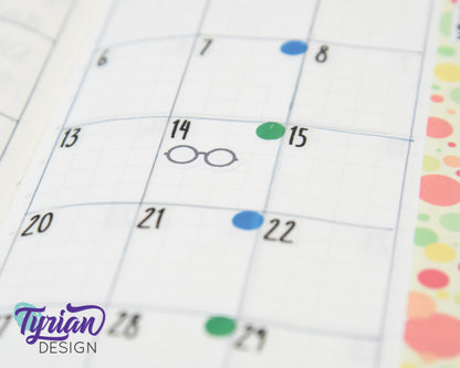 Eye Glass Stickers | Tiny Glasses stickers on mini sheet | 18 stickers | .6 x .3" each | Eye Apt icon sticker | White or Clear Matte