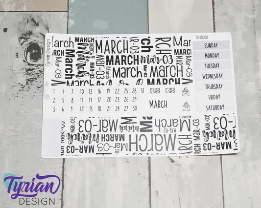 March Monthly Kit | Hobonichi Cousin | Monthly kit A5 | Simple Hobonichi Kit | Sunday or Monday Start | 5x7 Sheet | 47 Stickers
