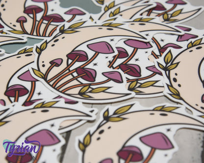 Autumn Moon Vinyl Sticker | high quality weather proof vinyl | 3 x 3" | Moon with Mushrooms Pastel sticker | Autumn Shades