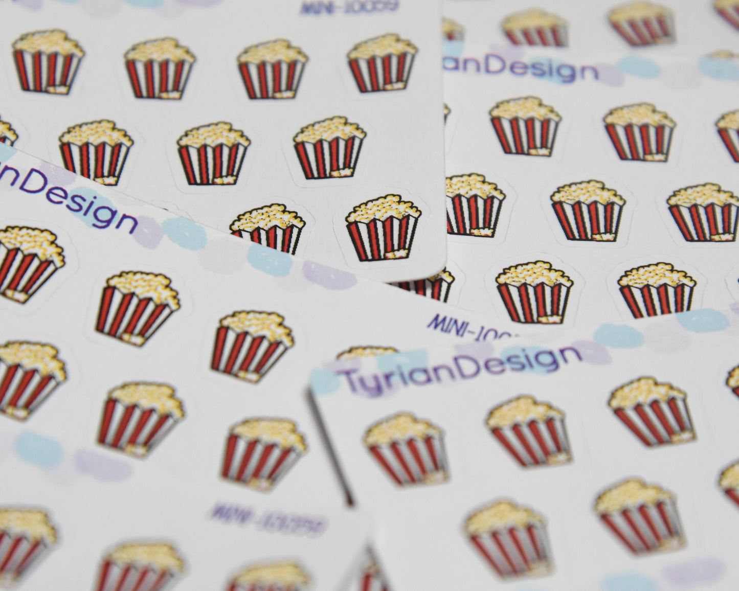 Mini Popcorn Stickers | Mini Sheet of Popcorn Buckets | 17 Stickers | .47 x .55" each | 3.375" x 2.125" Mini Sheet | White or Clear Matte