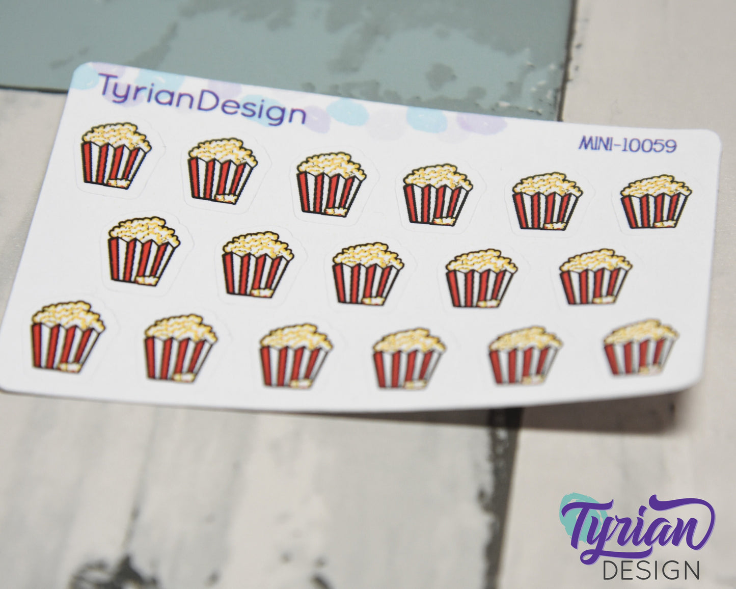 Mini Popcorn Stickers | Mini Sheet of Popcorn Buckets | 17 Stickers | .47 x .55" each | 3.375" x 2.125" Mini Sheet | White or Clear Matte