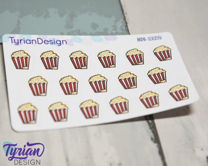 Mini Popcorn Stickers | Mini Sheet of Popcorn Buckets | 17 Stickers | .47 x .55" each | 3.375" x 2.125" Mini Sheet | White or Clear Matte