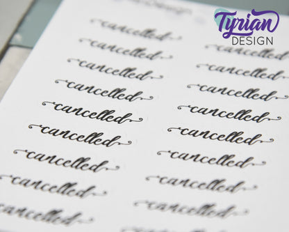 Cancelled Stickers |  1.24" x .33" each | 18 Stickers | Curlie Font