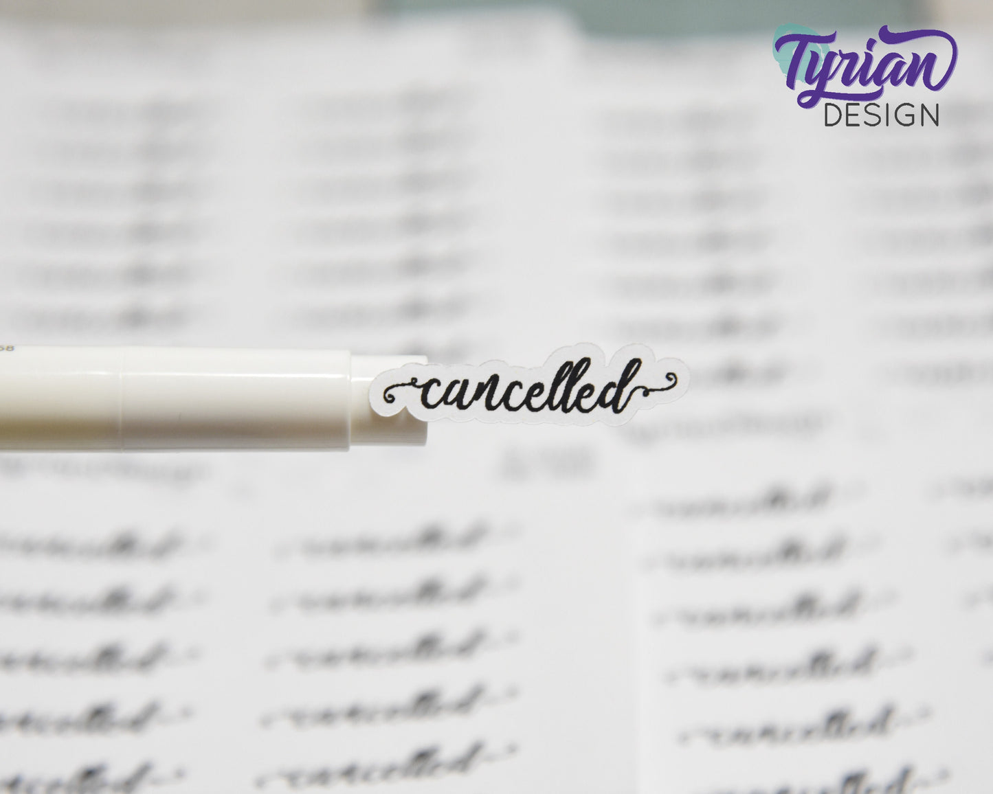 Cancelled Stickers |  1.24" x .33" each | 18 Stickers | Curlie Font