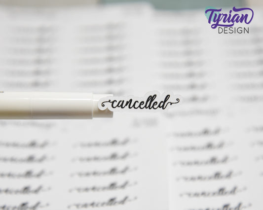 Cancelled Stickers |  1.24" x .33" each | 18 Stickers | Curlie Font