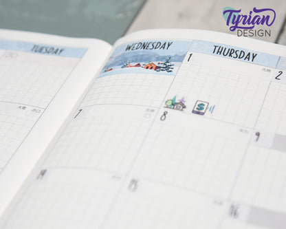 Winter Scene Monthly Kit | Hobonichi Cousin | Monthly kit A5 | Simple Hobonichi Kit | Sunday or Monday Start | 5x7 Sheet | 47 Stickers