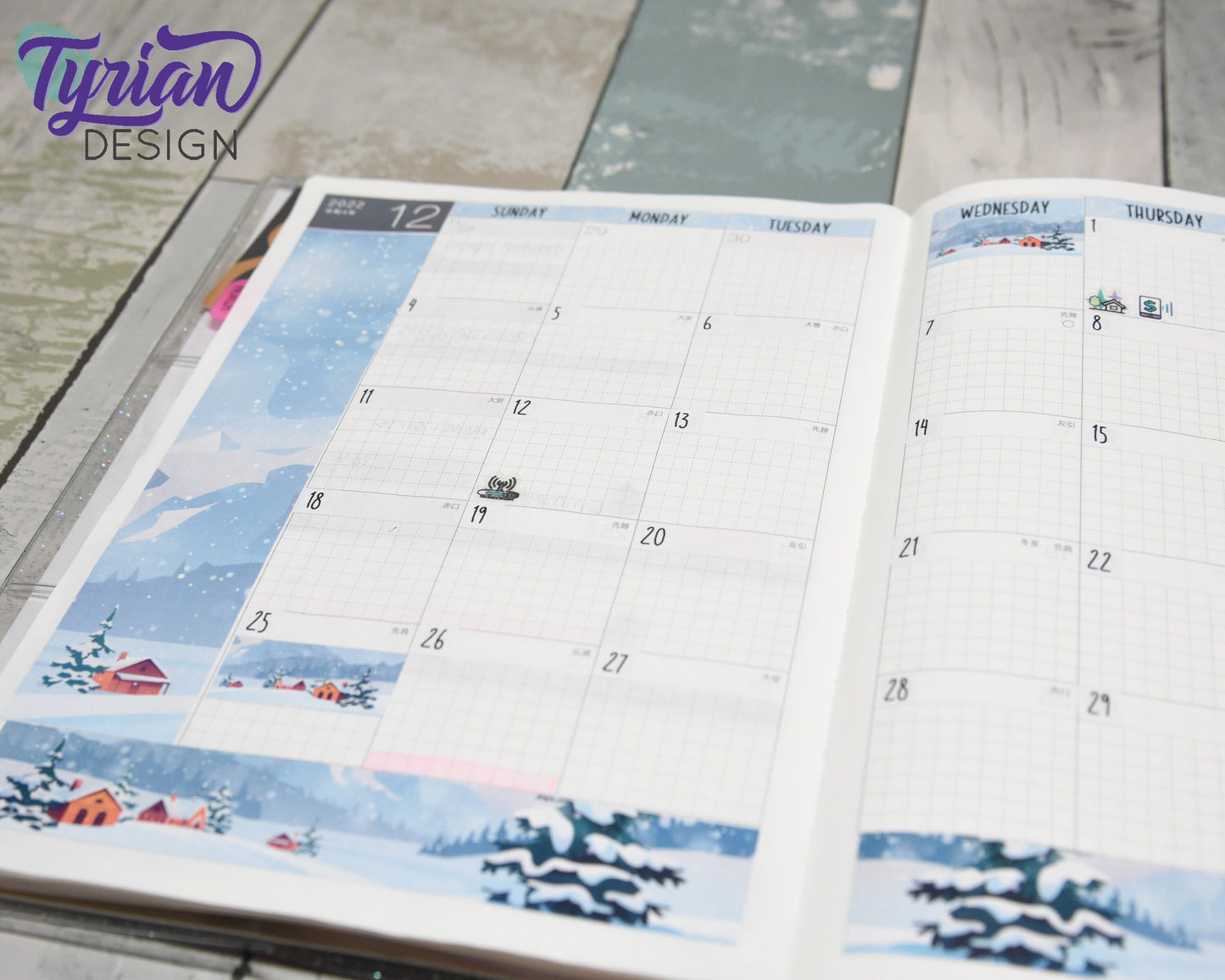 Winter Scene Monthly Kit | Hobonichi Cousin | Monthly kit A5 | Simple Hobonichi Kit | Sunday or Monday Start | 5x7 Sheet | 47 Stickers