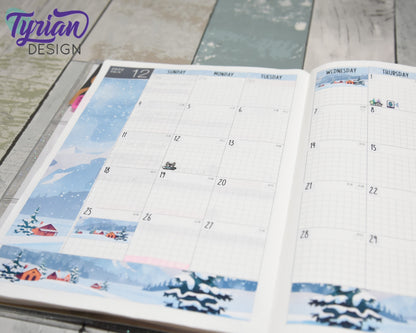 Winter Scene Monthly Kit | Hobonichi Cousin | Monthly kit A5 | Simple Hobonichi Kit | Sunday or Monday Start | 5x7 Sheet | 47 Stickers