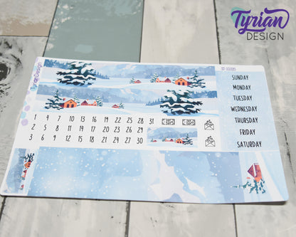 Winter Scene Monthly Kit | Hobonichi Cousin | Monthly kit A5 | Simple Hobonichi Kit | Sunday or Monday Start | 5x7 Sheet | 47 Stickers