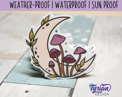 Autumn Moon Vinyl Sticker | high quality weather proof vinyl | 3 x 3" | Moon with Mushrooms Pastel sticker | Autumn Shades