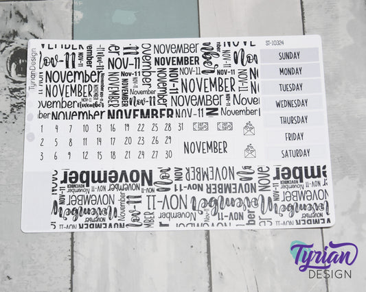 November Monthly Kit | Hobonichi Cousin | Monthly kit A5 | Simple Hobonichi Kit | Sunday or Monday Start | 5x7 Sheet | 47 Stickers