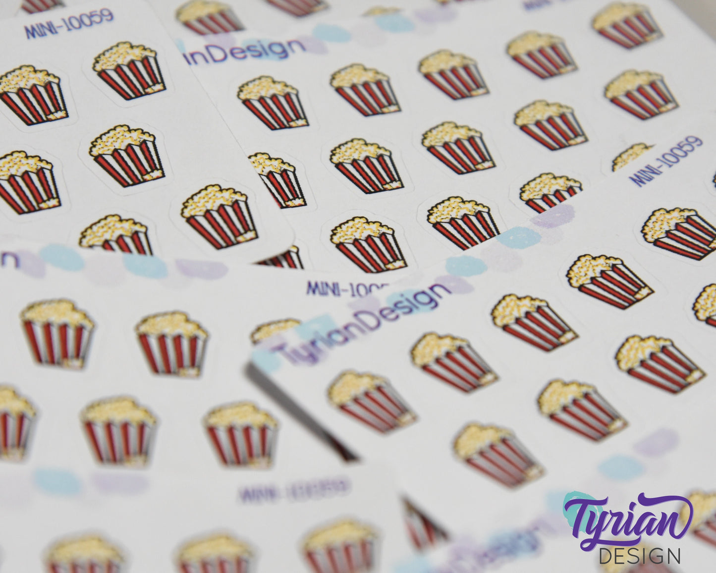 Mini Popcorn Stickers | Mini Sheet of Popcorn Buckets | 17 Stickers | .47 x .55" each | 3.375" x 2.125" Mini Sheet | White or Clear Matte