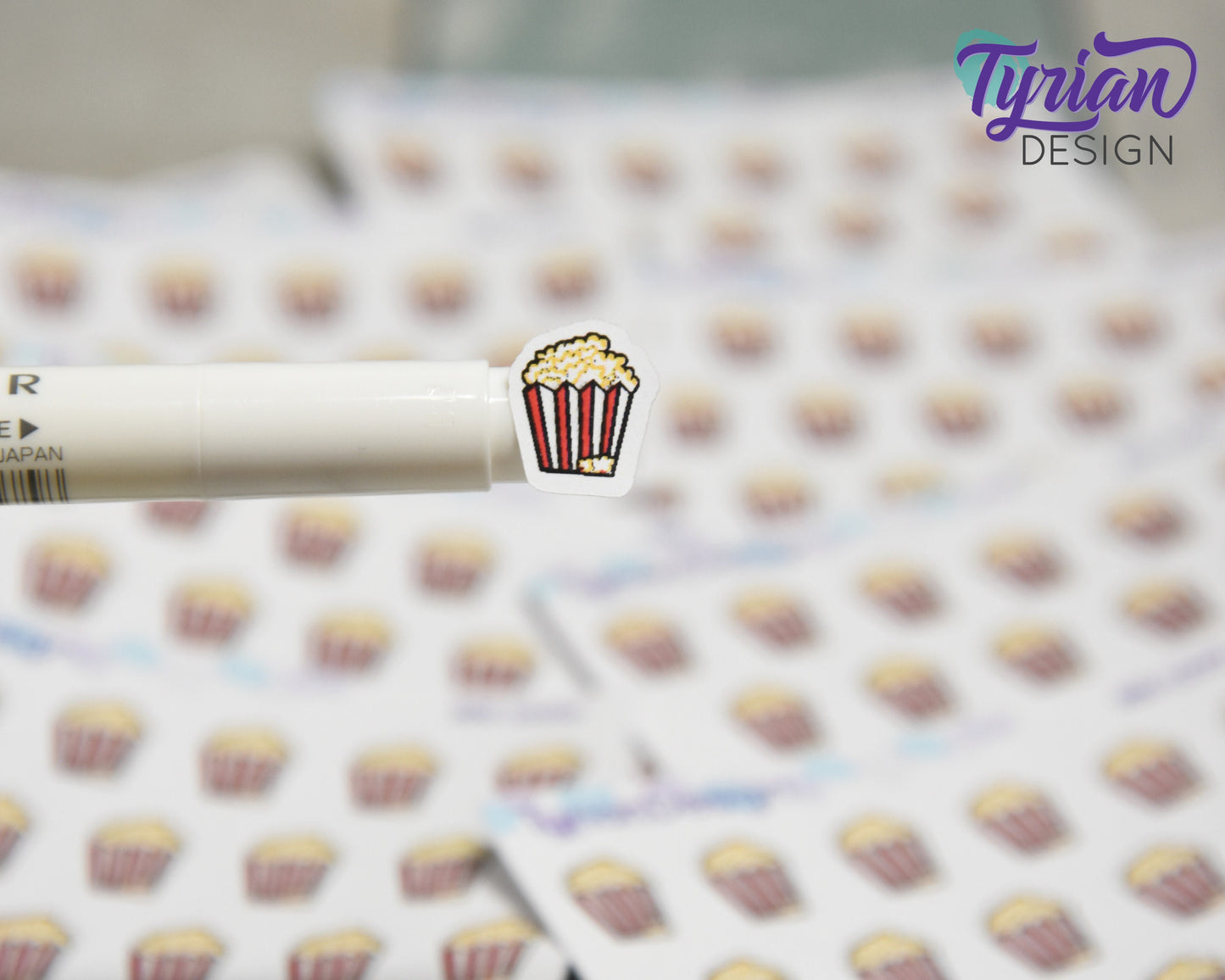 Mini Popcorn Stickers | Mini Sheet of Popcorn Buckets | 17 Stickers | .47 x .55" each | 3.375" x 2.125" Mini Sheet | White or Clear Matte