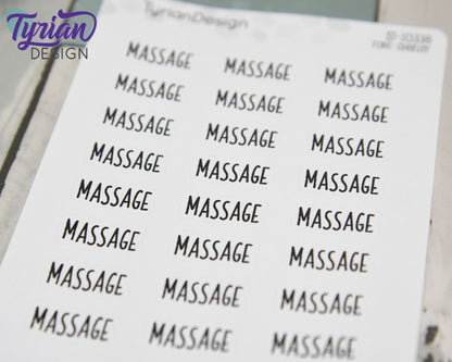 Massage Stickers |  .77" x .35" each | 24 Stickers | Charley Font.