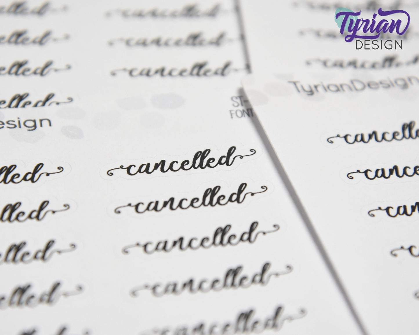 Cancelled Stickers |  1.24" x .33" each | 18 Stickers | Curlie Font