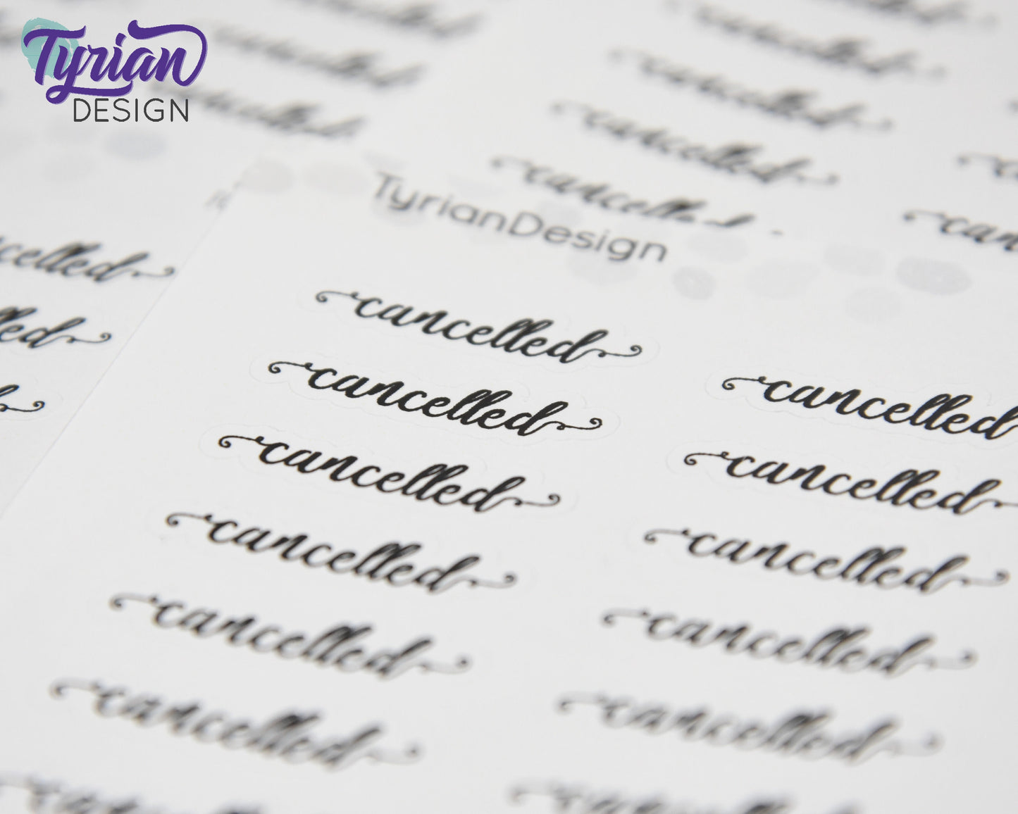 Cancelled Stickers |  1.24" x .33" each | 18 Stickers | Curlie Font