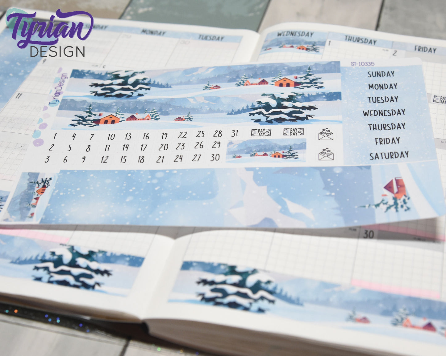 Winter Scene Monthly Kit | Hobonichi Cousin | Monthly kit A5 | Simple Hobonichi Kit | Sunday or Monday Start | 5x7 Sheet | 47 Stickers
