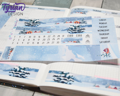 Winter Scene Monthly Kit | Hobonichi Cousin | Monthly kit A5 | Simple Hobonichi Kit | Sunday or Monday Start | 5x7 Sheet | 47 Stickers