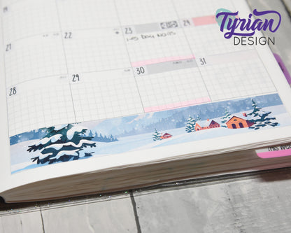 Winter Scene Monthly Kit | Hobonichi Cousin | Monthly kit A5 | Simple Hobonichi Kit | Sunday or Monday Start | 5x7 Sheet | 47 Stickers