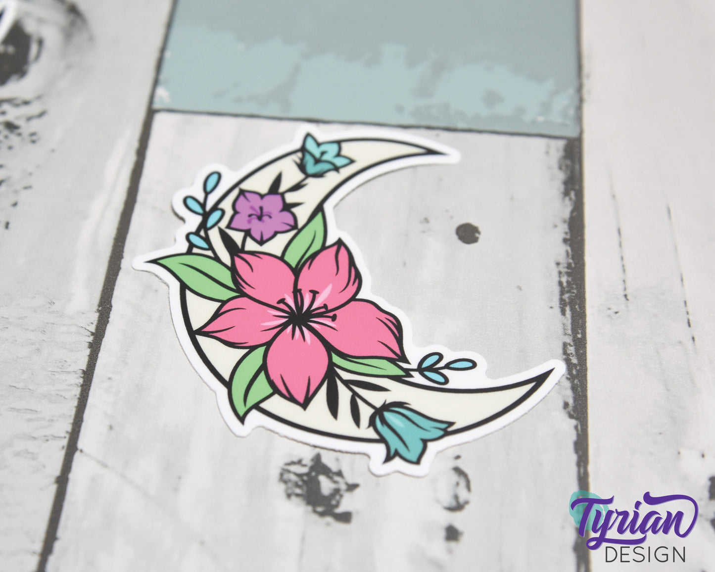 Spring Flower Moon Vinyl Sticker | high quality weather proof vinyl | 2.5 x 3" | Moon with Flowers Bright Spring Colors