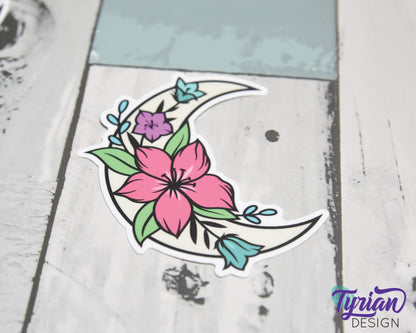Spring Flower Moon Vinyl Sticker | high quality weather proof vinyl | 2.5 x 3" | Moon with Flowers Bright Spring Colors