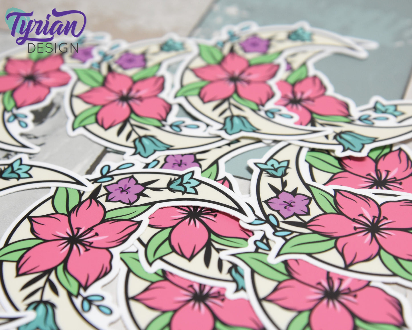 Spring Flower Moon Vinyl Sticker | high quality weather proof vinyl | 2.5 x 3" | Moon with Flowers Bright Spring Colors