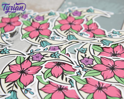 Spring Flower Moon Vinyl Sticker | high quality weather proof vinyl | 2.5 x 3" | Moon with Flowers Bright Spring Colors
