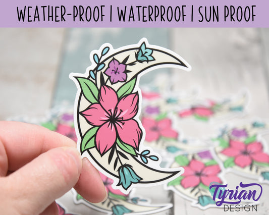 Spring Flower Moon Vinyl Sticker | high quality weather proof vinyl | 2.5 x 3" | Moon with Flowers Bright Spring Colors