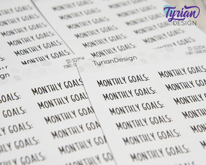Monthly Goals Stickers |  1.34" x .35" each | 16 Stickers | Charley Font
