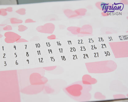 Falling Hearts Monthly Kit | Hobonichi Cousin | Monthly kit A5 | Simple Hobonichi Kit | Sunday or Monday Start | 5x7 Sheet | 47 Stickers