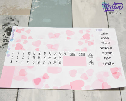 Falling Hearts Monthly Kit | Hobonichi Cousin | Monthly kit A5 | Simple Hobonichi Kit | Sunday or Monday Start | 5x7 Sheet | 47 Stickers