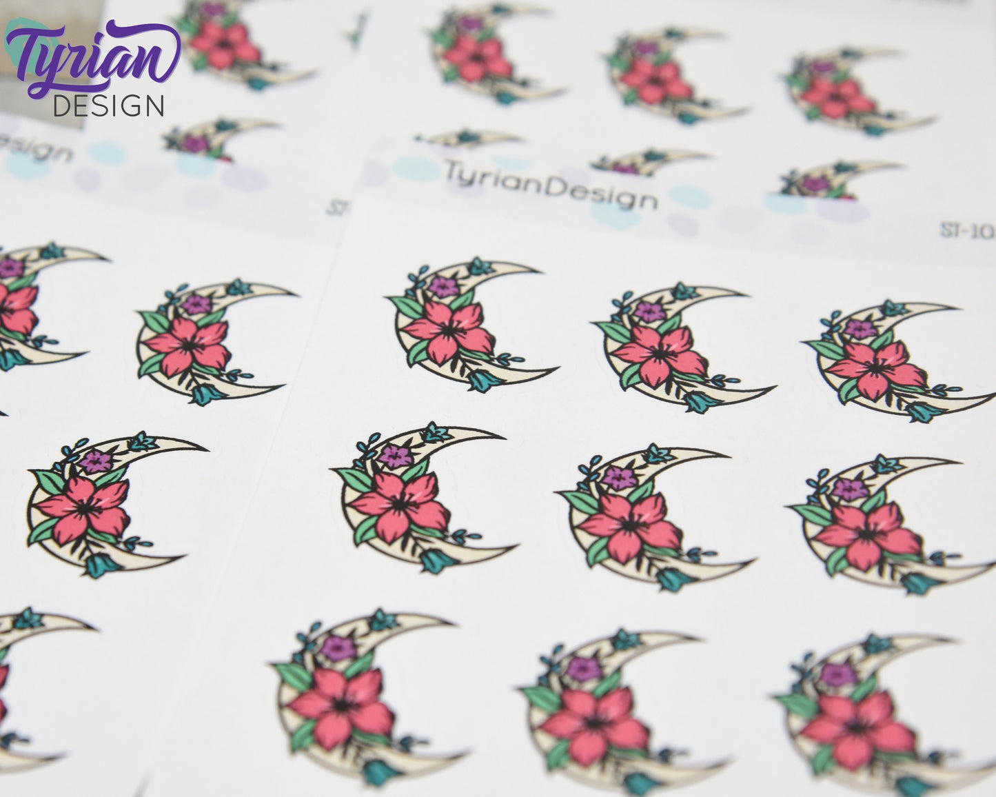 Spring Moon Stickers | Moon with Flowers | 9 Stickers per sheet | 1 x 1" Sticker size | | 3.5 x 4.5" Sheet | White or Clear Matte