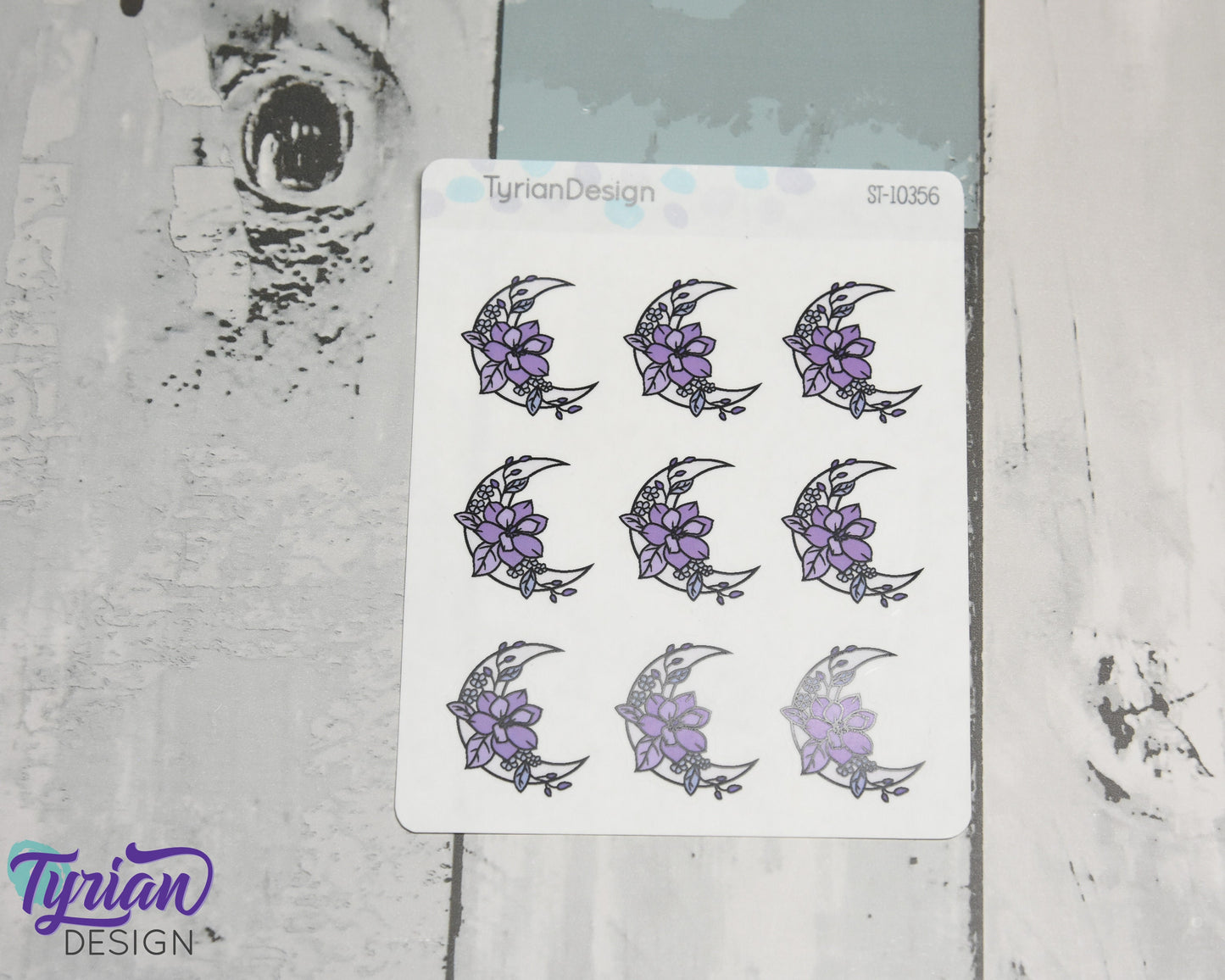 Purple Moon Stickers | Moon with Flowers | 9 Stickers per sheet | 1 x 1" Sticker size | | 3.5 x 4.5" Sheet | White or Clear Matte
