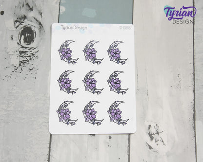 Purple Moon Stickers | Moon with Flowers | 9 Stickers per sheet | 1 x 1" Sticker size | | 3.5 x 4.5" Sheet | White or Clear Matte