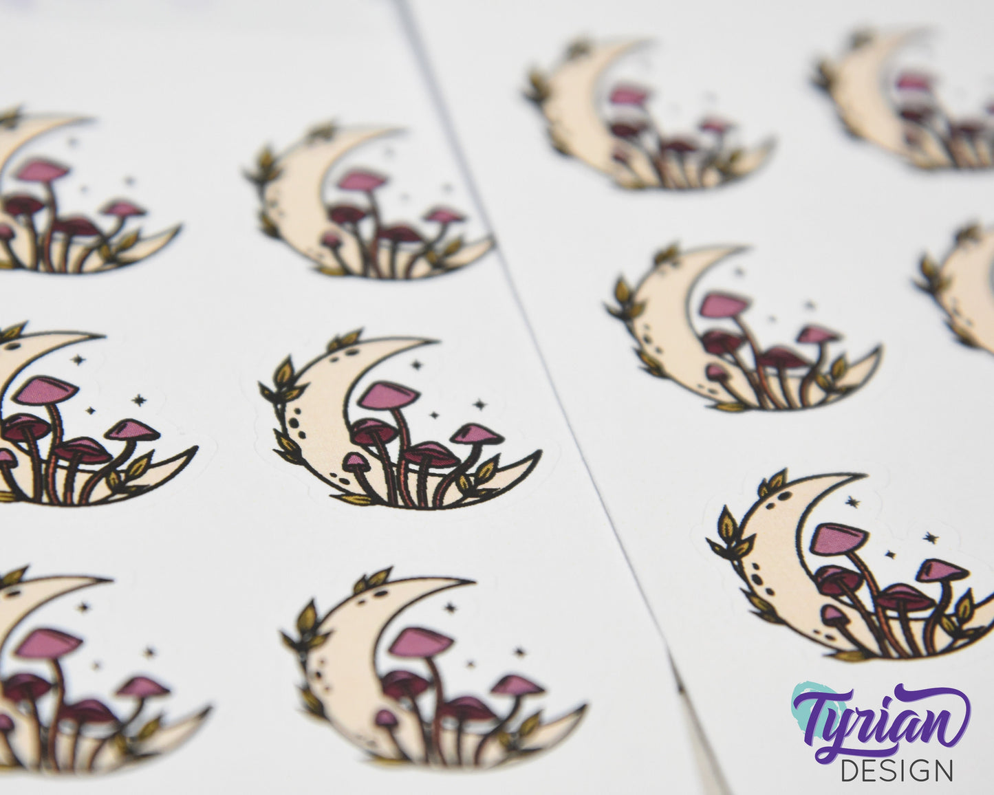 Fall Moon Stickers | Moon with Mushrooms | 9 Stickers per sheet | 1 x 1" Sticker size | | 3.5 x 4.5" Sheet | White or Clear Matte