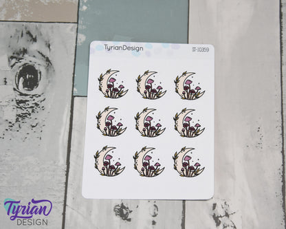 Fall Moon Stickers | Moon with Mushrooms | 9 Stickers per sheet | 1 x 1" Sticker size | | 3.5 x 4.5" Sheet | White or Clear Matte