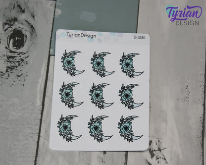 Turquoise Moon Stickers | Moon with Flowers | 9 Stickers per sheet