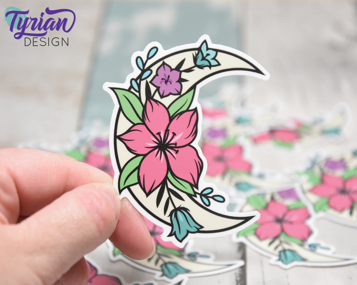 Spring Flower Moon Vinyl Sticker | high quality weather proof vinyl | 2.5 x 3" | Moon with Flowers Bright Spring Colors