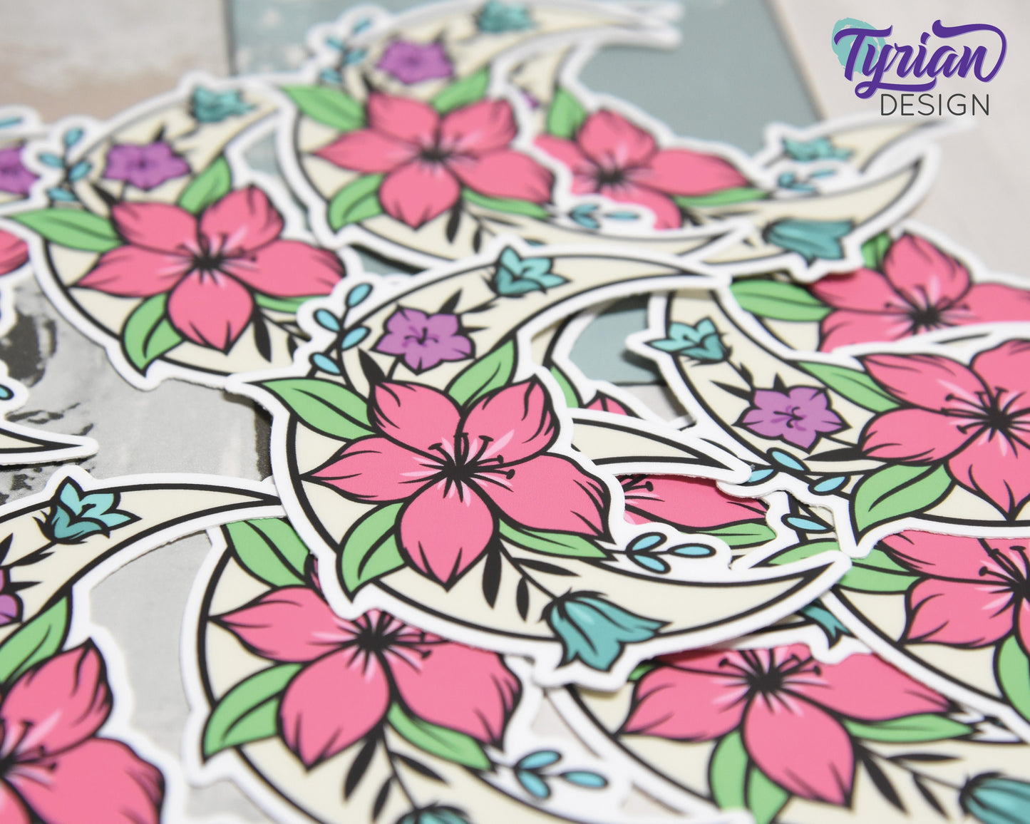 Spring Flower Moon Vinyl Sticker | high quality weather proof vinyl | 2.5 x 3" | Moon with Flowers Bright Spring Colors