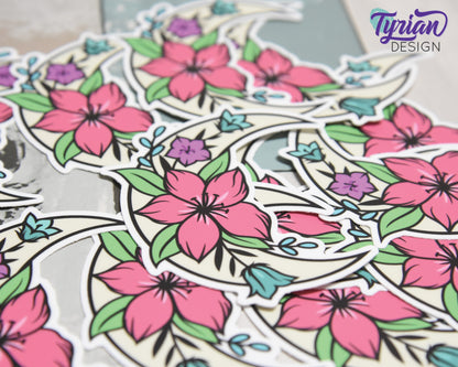 Spring Flower Moon Vinyl Sticker | high quality weather proof vinyl | 2.5 x 3" | Moon with Flowers Bright Spring Colors