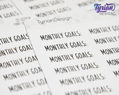 Monthly Goals Stickers |  1.34" x .35" each | 16 Stickers | Charley Font