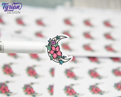 Spring Moon Stickers | Moon with Flowers | 9 Stickers per sheet | 1 x 1" Sticker size | | 3.5 x 4.5" Sheet | White or Clear Matte