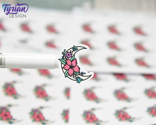 Spring Moon Stickers | Moon with Flowers | 9 Stickers per sheet | 1 x 1" Sticker size | | 3.5 x 4.5" Sheet | White or Clear Matte