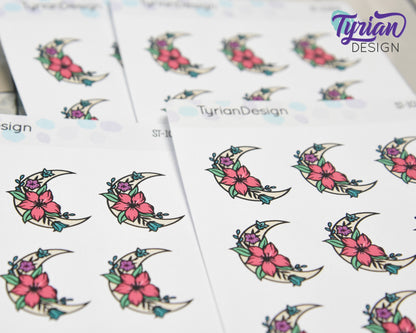 Spring Moon Stickers | Moon with Flowers | 9 Stickers per sheet | 1 x 1" Sticker size | | 3.5 x 4.5" Sheet | White or Clear Matte