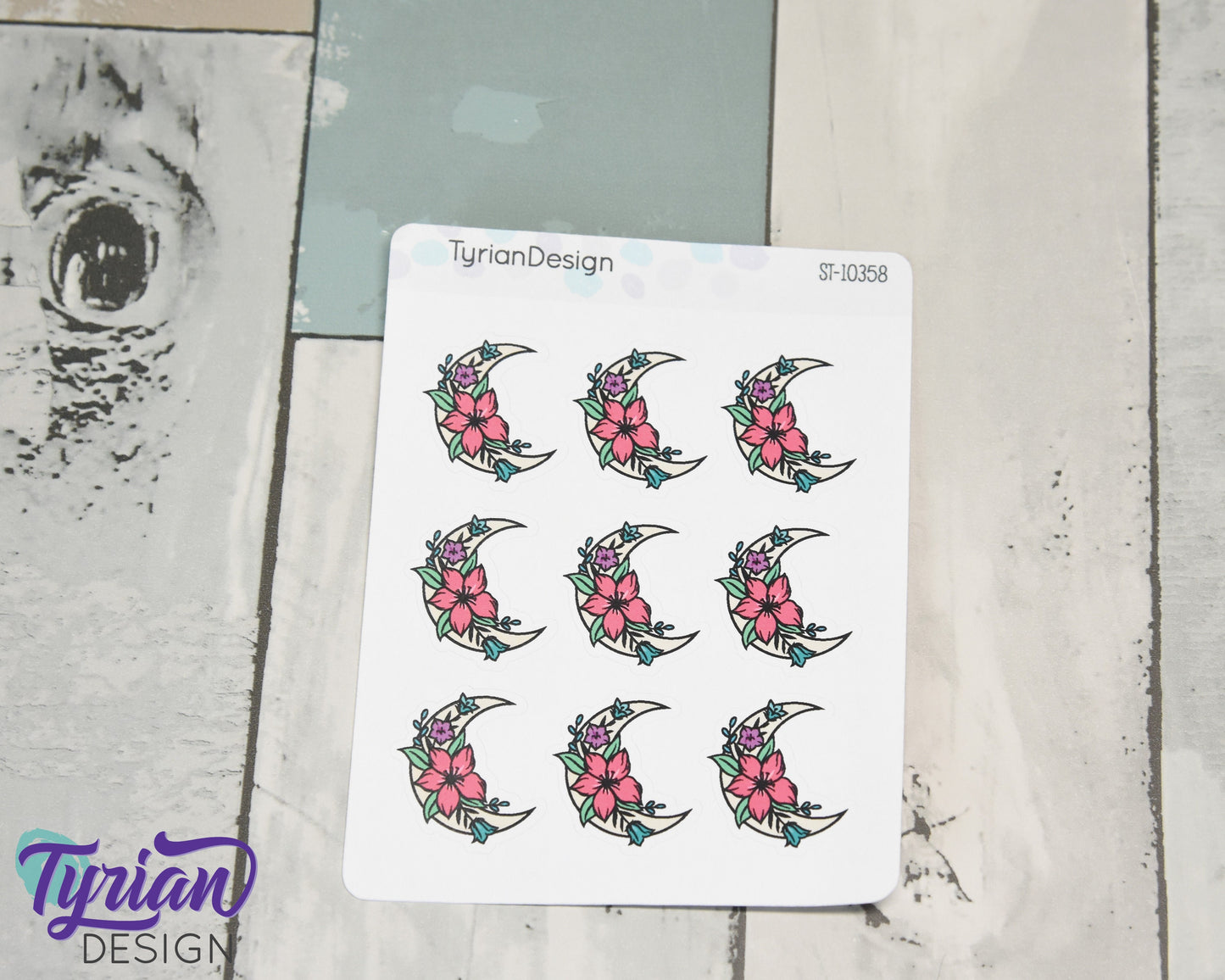 Spring Moon Stickers | Moon with Flowers | 9 Stickers per sheet | 1 x 1" Sticker size | | 3.5 x 4.5" Sheet | White or Clear Matte